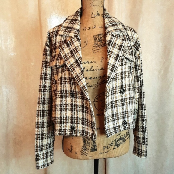 NWT Oversized Boho Crop Jacket Blazer Brown Cream Tweed Metallic Gold Sz S - Picture 6 of 15